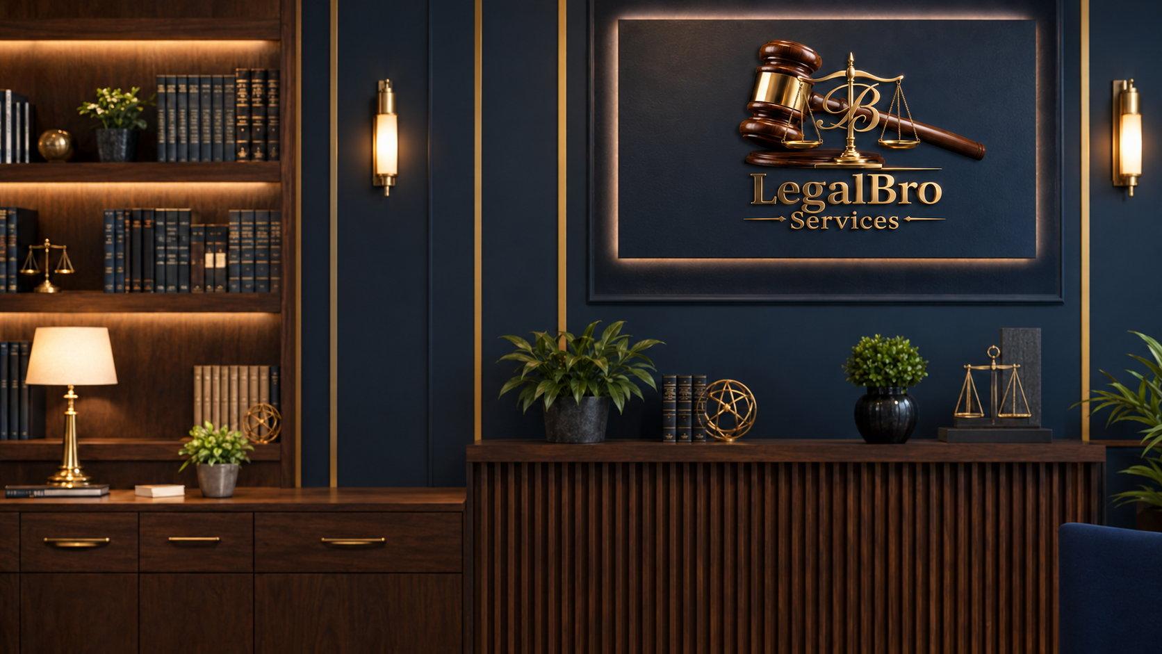 LegalBro Services professional navy-and-gold office with the illuminated LegalBro Services wall logo